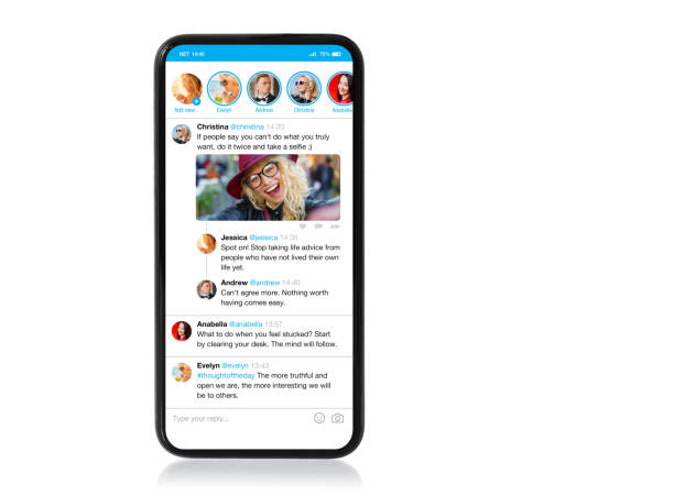 Mockup of social media microblogging app on mobile phone, isolated on white background Mockup of social media microblogging app on smart phone, isolated on white background microblogging stock pictures, royalty-free photos & images