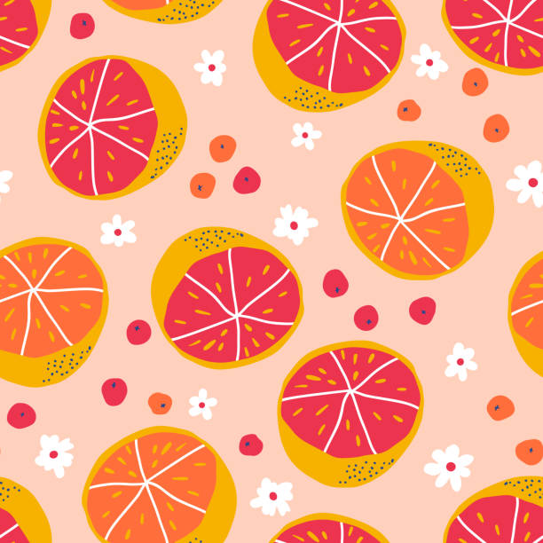 Fresh orange vector background Abstract seamless pattern with citrus fruits and berries. Hand drawn texture. Great for kids fabric, home textiles. Vector Illustration grapefruit stock illustrations