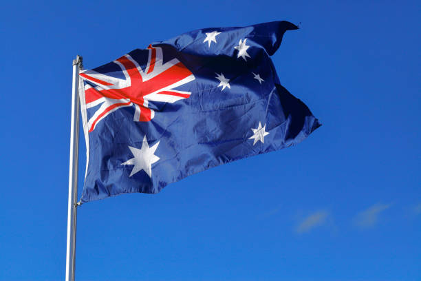 Bandiera australia che soffia blu primo-up all'aperto Stella Rossa Bianco - foto stock