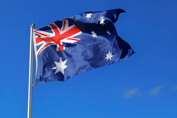 Australia Flag Blowing Blue Close-up Outdoors Red Star White stock photo