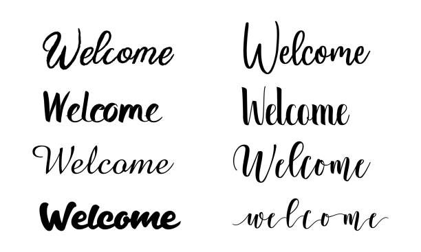Welcome back hand drawn brush lettering. Elegant handwritten calligraphic inscription. Welcome text in lettering style. Welcome back hand drawn brush lettering. Elegant handwritten calligraphic inscription. Welcome text in lettering style. welcome calligraphy stock illustrations