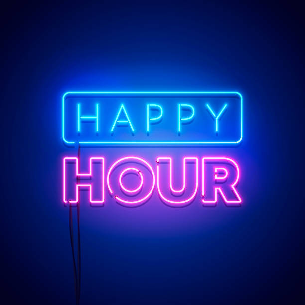 vektor-illustration abstrakte happy hour neon-zeichenaufwand auf dunklem hintergrund - party hat cocktail time drink stock-grafiken, -clipart, -cartoons und -symbole