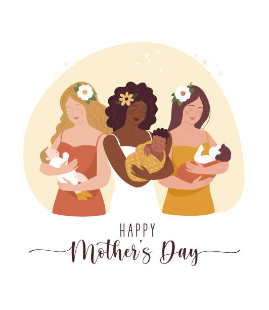 Happy Mother's Day greeting card. Vector illustration of three cartoon diverse young women with a babies in her arms. Calligraphic text. Minimalistic modern style. cartoon of a african american mothers day stock illustrations