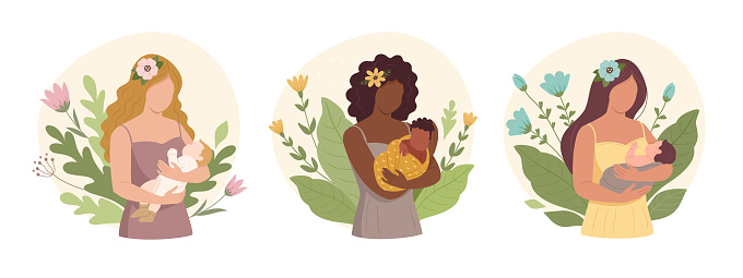 Vector illustration of three young women of different ethnicity with babies in their arms on the floral backgrounds. Minimalistic modern style