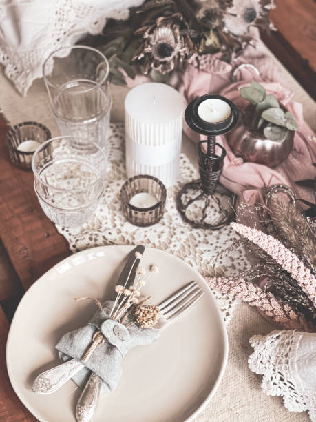 istock Close up of table setting with decorative details in vintage style. 1312598373