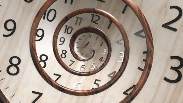 vintage drewna spin okrągły zegar twarz. renderowanie 3d. - clock wall clock face clock hand zdjęcia i obrazy z banku zdjęć