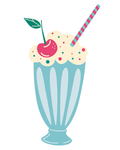 ilustrações de stock, clip art, desenhos animados e ícones de milkshake with whipped cream and cherry. smoothie, cocktail. vector illustration of old fashioned milkshake cocktail with whipped cream and cherry on top. summer drinks. cartoon vector illustration - food and drink fruit cartoon illustration and painting