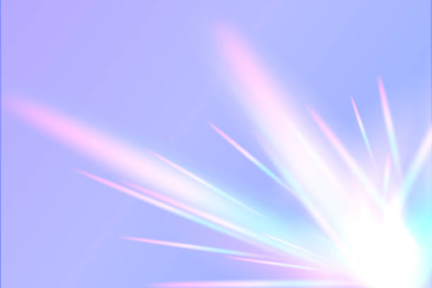 regenbogen prisma flare linse realistische wirkung auf violetten hintergrund. vektor-illustration der lichtbrechung textur-overlay blendung an der wand für foto und mockups. transparente holographische streifen hintergrund - light violet stock-grafiken, -clipart, -cartoons und -symbole