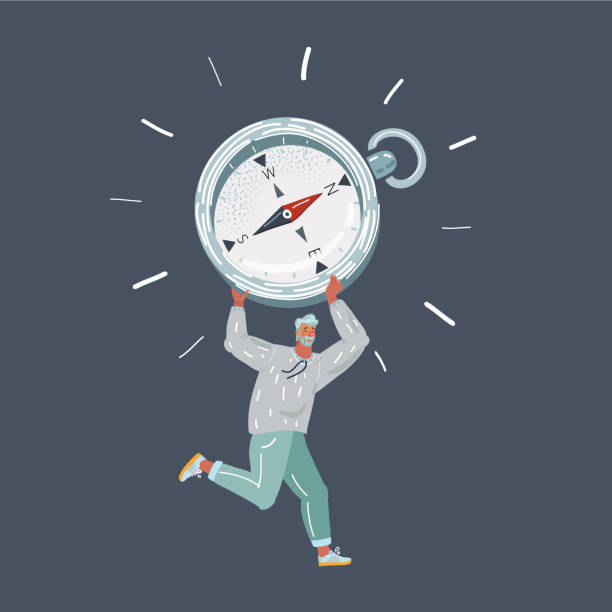 istock Vector illustration of man is holding a big compass in her hands and fast run in right direction. Human character on dark background. 1312602348