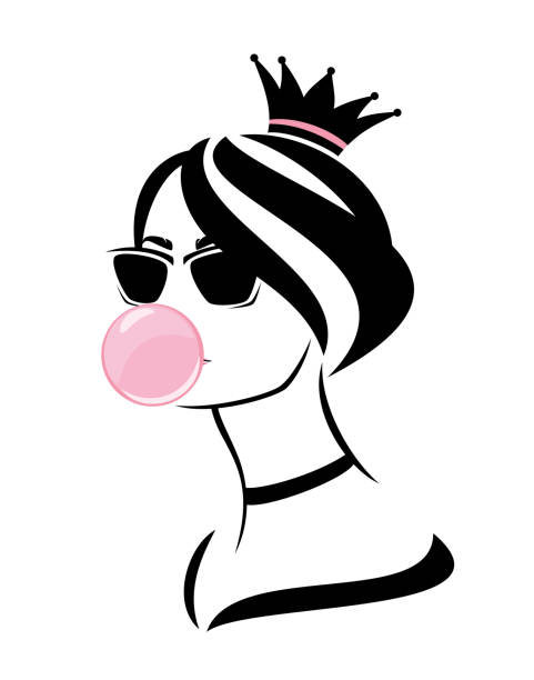 ilustraciones, imágenes clip art, dibujos animados e iconos de stock de glamour princesa chica en gafas de sol y corona con retrato vector chicle rosa - princess queen nobility glamour