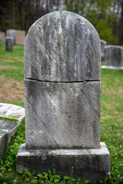 istock Cracked tombstone grave stone in grassy cemetery 1312605361