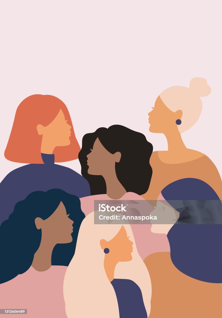 woman social network community. group of multi ethnic racial women who talk and share ideas, information. communication and friendship between women of diverse cultures. vector female silhouette, head and upper body side view Women stock vector