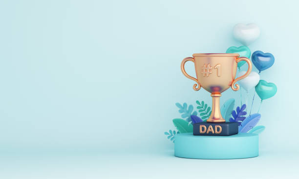 feliz día del padre mostrar fondo de decoración de podio con trofeo, globo en forma de corazón, hojas, copiar texto espacial, ilustración de renderizado 3d - day gift father fathers fotografías e imágenes de stock