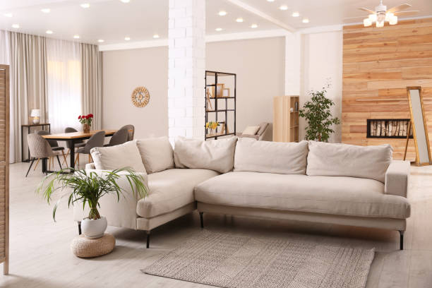 istock Modern living room interior with comfortable sofa and wooden table 1312608023