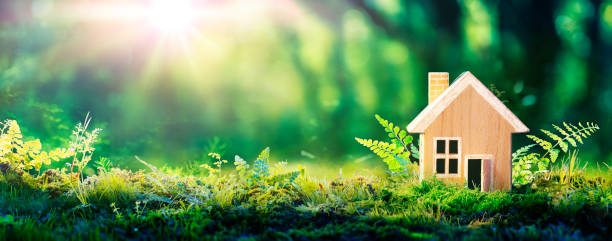 Eco House In Green Environment - Wooden Home Friendly On Grass Eco House In Green Environment - Wooden Home Friendly On Grass energy efficient stock pictures, royalty-free photos & images