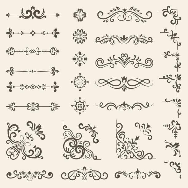 illustrazioni stock, clip art, cartoni animati e icone di tendenza di set ornato decorativo. divisori floreali vintage e bordi royal premium stile decorazione set vettoriale - calligraphy growth scroll shape scroll