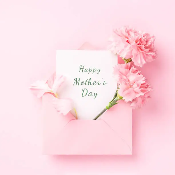 Photo of Happy Mother's Day card in pink envelope.
