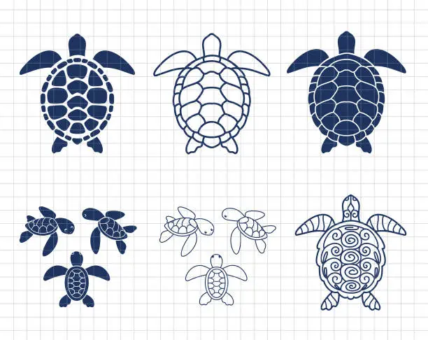 Vector illustration of Sea turtle isolated. Summer clip art. Ocean life. Silhouette vector flat illustration. Cutting file. Suitable for cutting software. Cricut, Silhouette