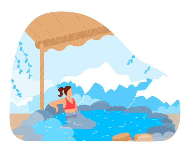日本の休暇で女性、女性キャラクターベクターイラストのための日本の温泉。岩の自然、蒸気と漫画の熱湯でリラックス。 - 温泉点のイラスト素材／クリップアート素材／マンガ素材／アイコン素材