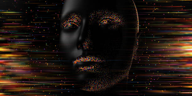 An abstract image. of a black head covered in hundreds of small multi-coloured metallic, shiny spheres around the eyes, noses, lips and jawline. The background consists of multi-coloured spheres and bright streaks. The face peacefully looks off-camera, into the distance.