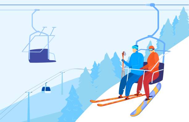 冬のレクリエーションスキー、山のリフト、周りの雪、アウトドアスポーツ、季節寒さ、デザイン、漫画スタイルのベクトルイラストで。 - mountain skiing ski lift silhouette点のイラスト素材／クリップアート素材／マンガ素材／アイコン素材