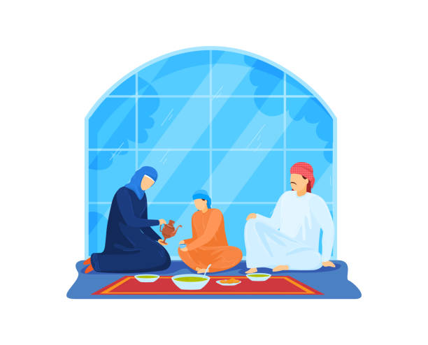 ilustrações, clipart, desenhos animados e ícones de família muçulmana, almoço, povo islâmico, caráter religioso, fundo alimentar, design, ilustração vetorial estilo plano. - saudi arabia child ramadan offspring
