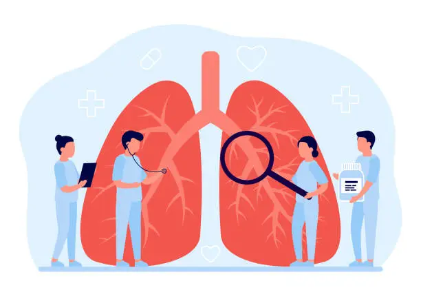 Vector illustration of Lung diagnosis healthcare. Concept of lung disease, pulmonology, cancer, pneumonia, tuberculosis. Internal organ inspection check doctors. Respiratory system examination and treatment. Vector