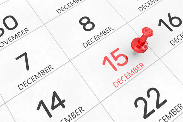 3d rendering of important days concept. 3d rendering of important days concept. December 15th. Day 15 of month. Red date written and pinned on a calendar. Winter month, day of the year. Remind you an important event or possibility. calendar today personal organizer routine stock pictures, royalty-free photos & images