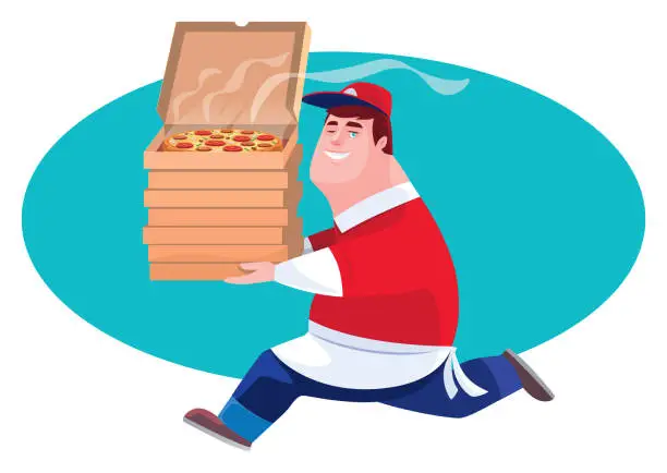 Vector illustration of courier carrying stack of pizza boxes and running