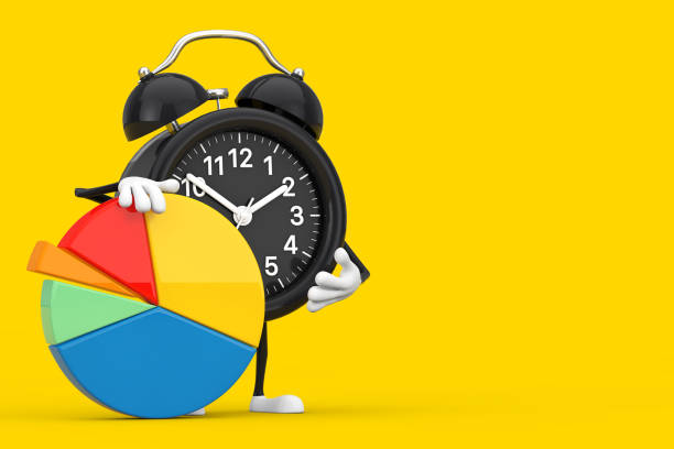 istock Alarm Clock Character Mascot with Info Graphics Business Pie Chart. 3d Rendering 1312618707
