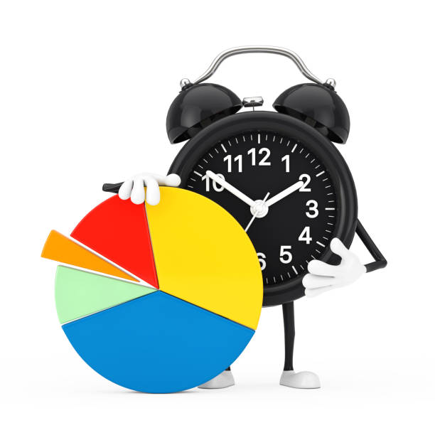 istock Alarm Clock Character Mascot with Info Graphics Business Pie Chart. 3d Rendering 1312618723