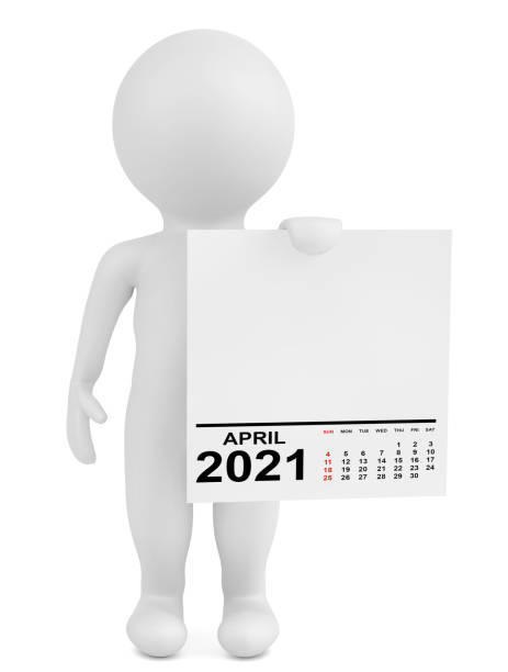 character holding calendar april 2021 year. 3d rendering - april 2012 calendar year imagens e fotografias de stock