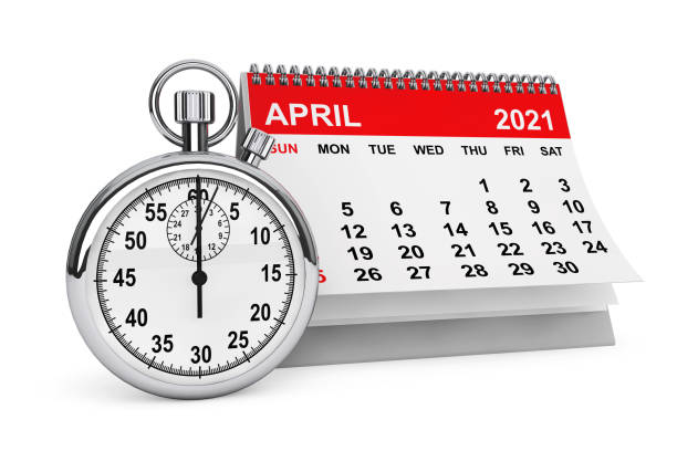2021 year april calendar with stopwatch. 3d rendering - april 2012 calendar year imagens e fotografias de stock
