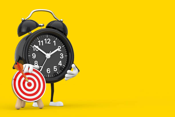 istock Alarm Clock Mascot Person Character with Archery Target with Dart in Center. 3d Rendering 1312619270