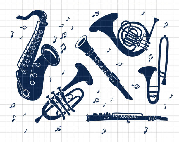 악기 황동 악기 컬렉션. 재즈 골드 오브젝트 세트. 실루엣 벡터 플랫 일러스트. 파일을 절단합니다. 소프트웨어를 절단하는 데 적합합니다. 크리컷, 실루엣 - brass instrument jazz brass trumpet stock illustrations