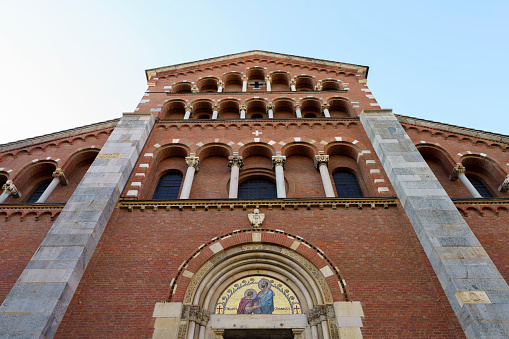 Milan, Italy - September 20, 2020: Milan, Lombardy, Italy: the facade of the historic Sant Agostino church, along via Copernico