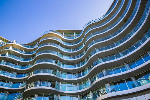 Wave facade of a modern apartment building at Albion Riverside in Battersea, London