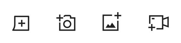 Add photo and video icon. Vector illustration. Addition on gallery symbol collection. Add photo and video icon. Vector illustration. Addition on gallery symbol collection. White background. snap icon stock illustrations