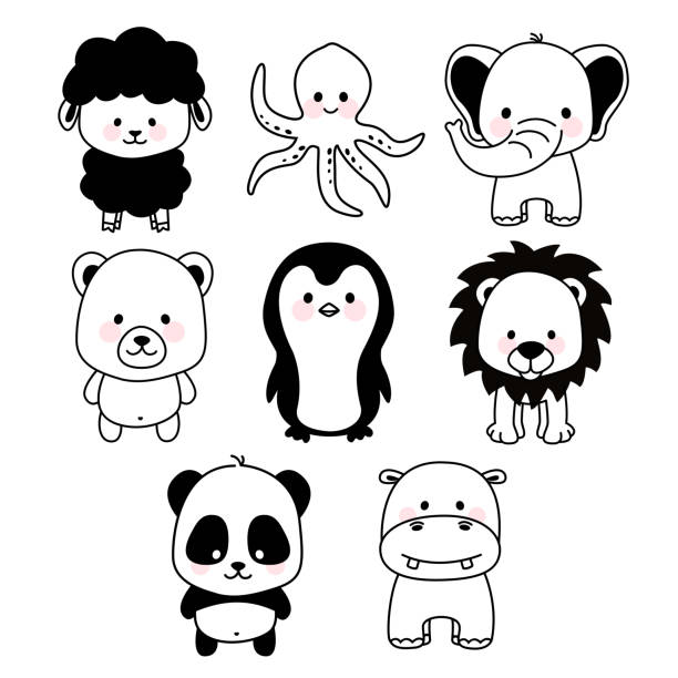Cute animals set Cute black and white animals set icon czech lion stock illustrations