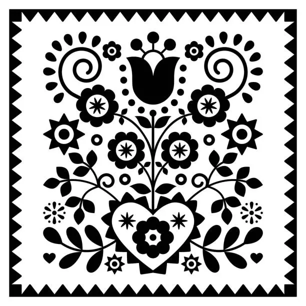 Vector illustration of Floral monochrome folk art vector design in square frame from Nowy Sacz in Poland inspired by traditional highlanders embroidery Lachy Sadeckie