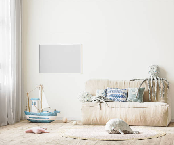 istock horizontal frame mock up in children's room interior with bed and soft toys, 3d rendering 1312625113