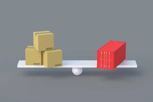 Cardboard box and container on scales. Balanced rules for freight traffic. Fair penalties for delivery services. Legal support for international transportation. Wholesale, retail purchases. 3d render