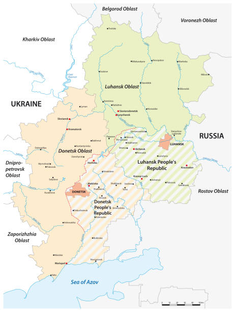 illustrations, cliparts, dessins animés et icônes de carte de la région contestée du donbass entre l’ukraine et la russie - donetsk oblast