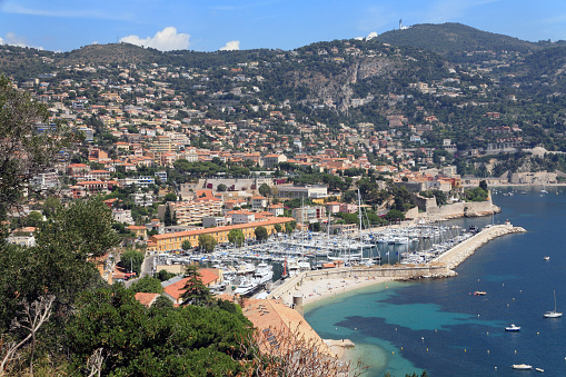 Aerial view of Marina di Campo harbor in Elba island, Italy