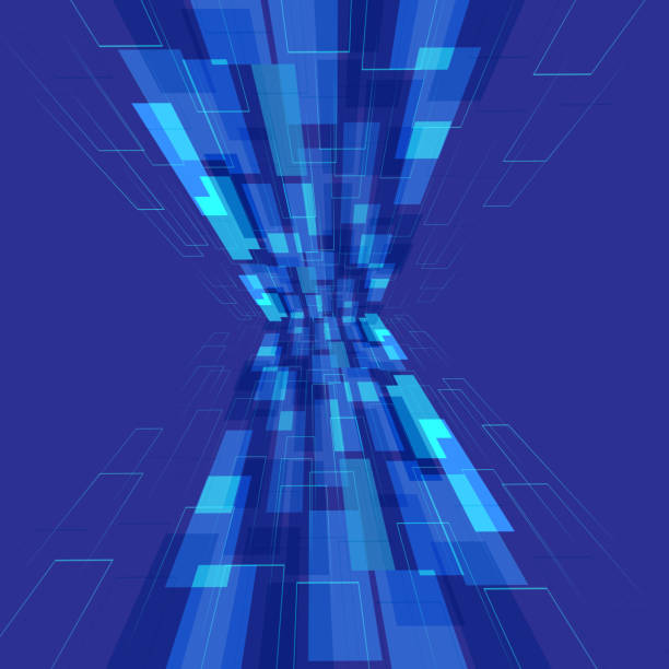 ilustraciones, imágenes clip art, dibujos animados e iconos de stock de perspectiva abstracta tecnología futurista geométrica con fondo azul ráfaga de luz - exploding blue backgrounds distorted image