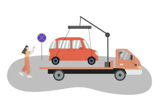 Vector illustration of Tow truck take away a car. Woman running the car. Parking is prohibited. Flat vector illustration.
