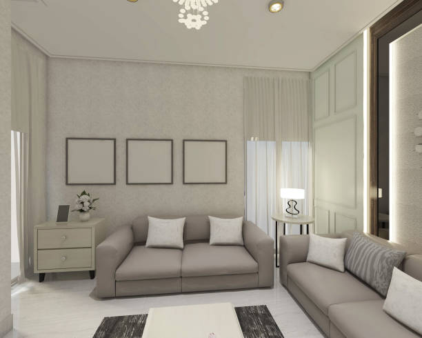 istock Modern living room interior with comfortable sofa cushion, side drawer and back wall paneling 1312629592