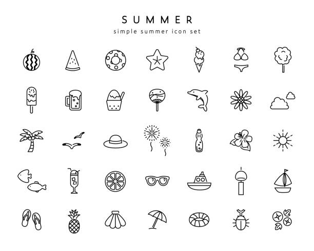 A set of icons of summer items. summer icons collectionA set of icons of summer items.
There are illustrations of beaches, watermelons, sunflowers, fireworks, etc. summer icons stock illustrations