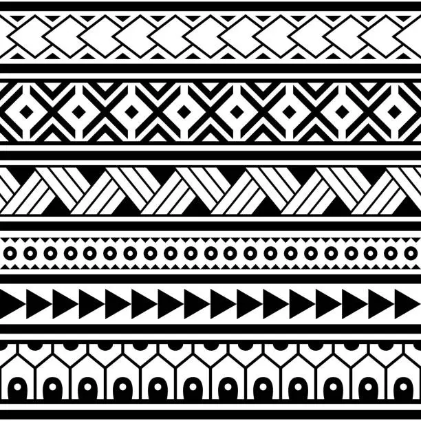 Vector illustration of Polynesian ethnic Maori geometric seamless vector pattern, cool Hawaiian tribal fabric print or textile design in black and white