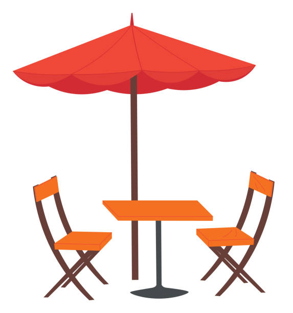 ilustrações de stock, clip art, desenhos animados e ícones de cafe and garden furniture wooden table, chair, umbrella isolated on a white background. summer cafe - bar chairs